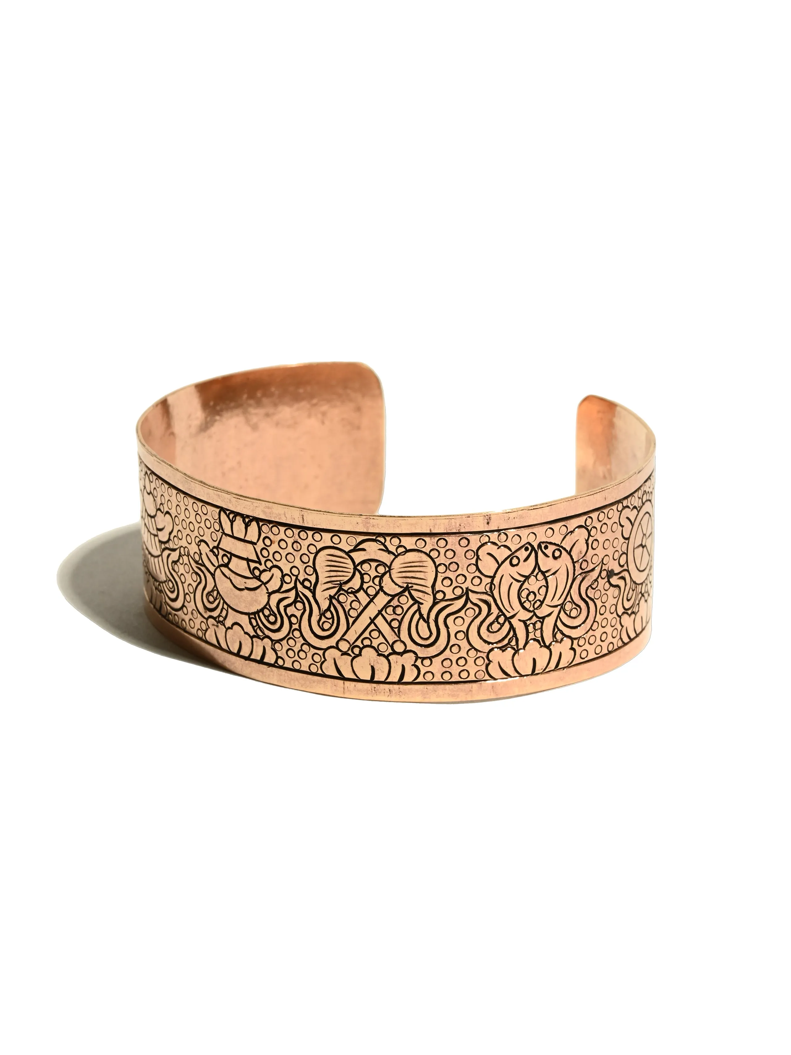 Tibetan Eight Auspicious Symbols Copper Cuff Bracelet - Adjustable