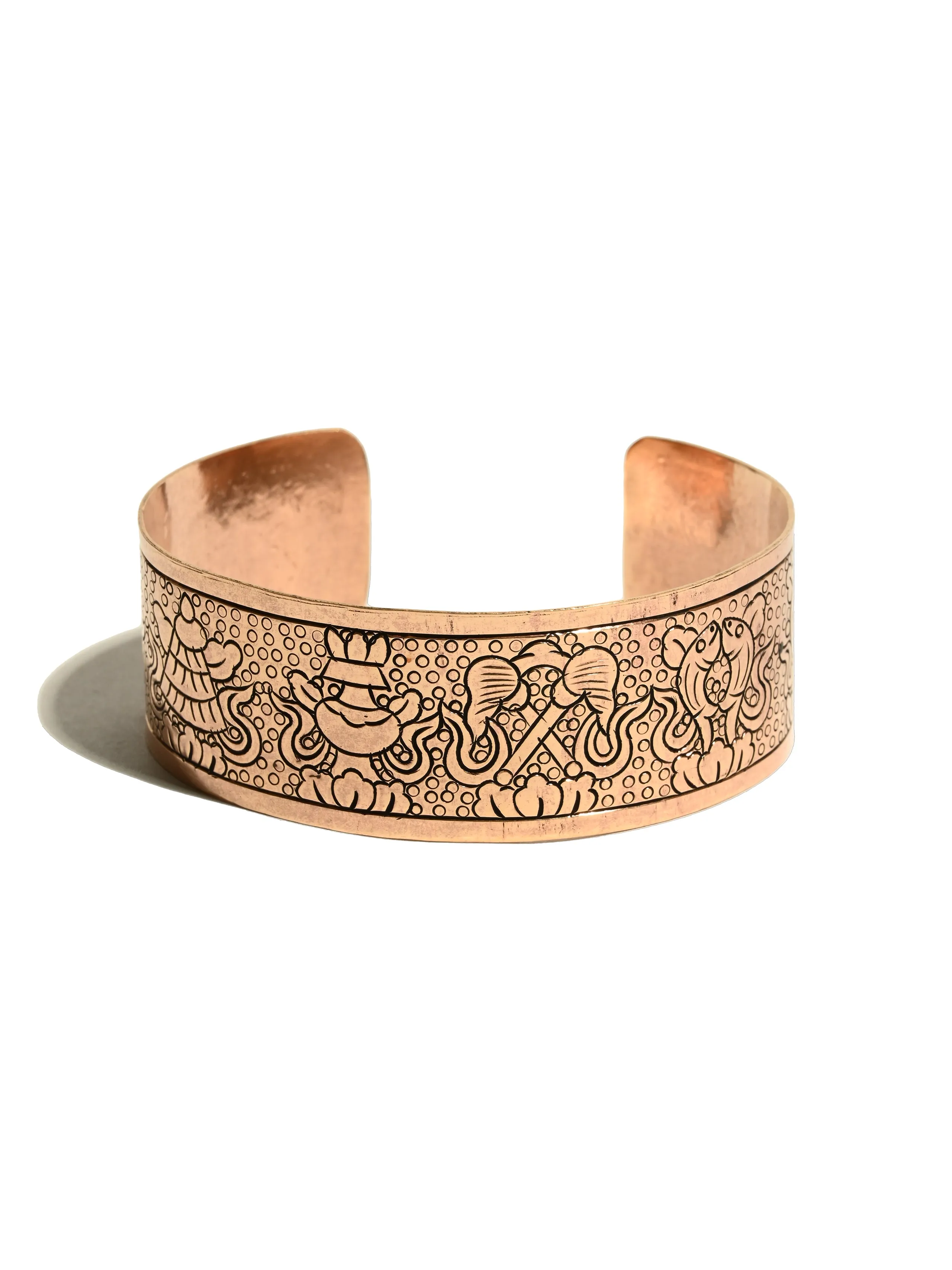 Tibetan Eight Auspicious Symbols Copper Cuff Bracelet - Adjustable