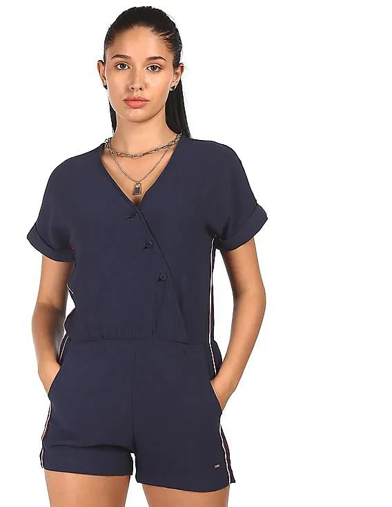 Tommy Hilfiger Women Navy Surplice Neck Textured Romper