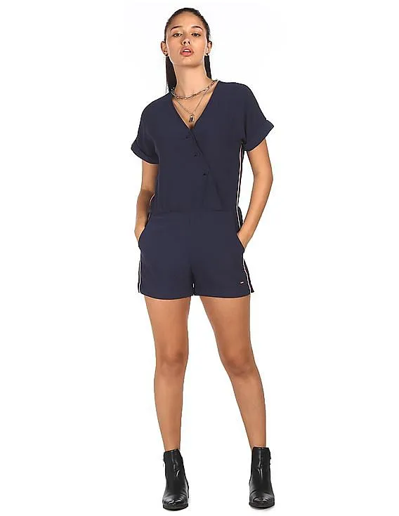 Tommy Hilfiger Women Navy Surplice Neck Textured Romper