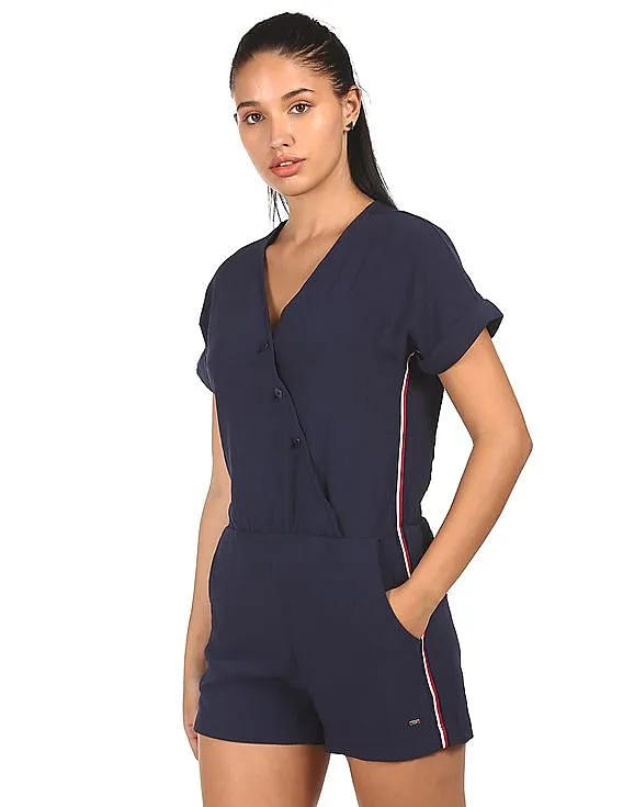 Tommy Hilfiger Women Navy Surplice Neck Textured Romper