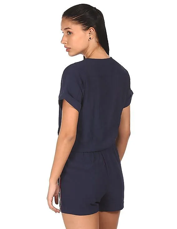 Tommy Hilfiger Women Navy Surplice Neck Textured Romper