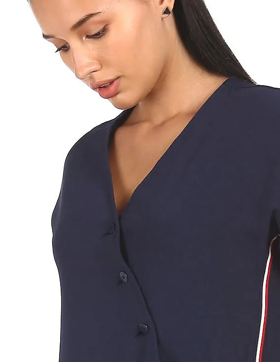 Tommy Hilfiger Women Navy Surplice Neck Textured Romper