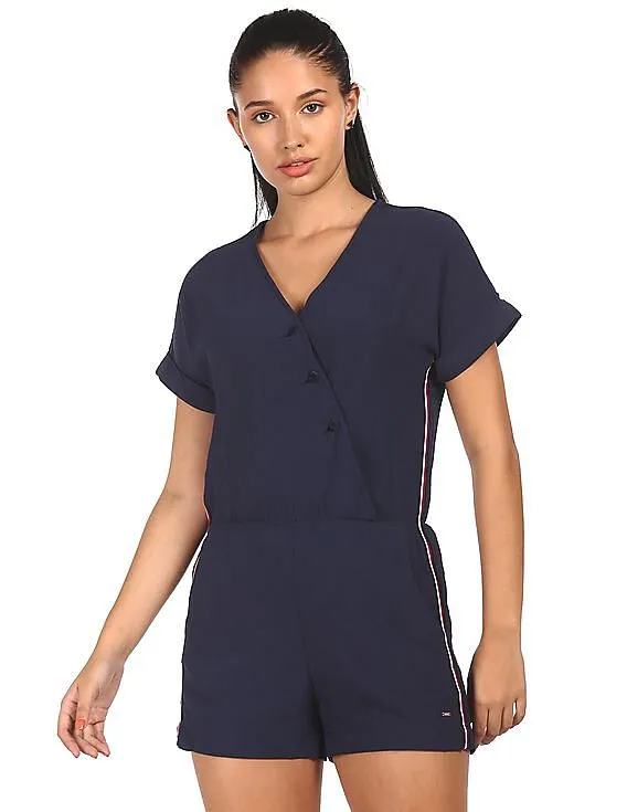 Tommy Hilfiger Women Navy Surplice Neck Textured Romper