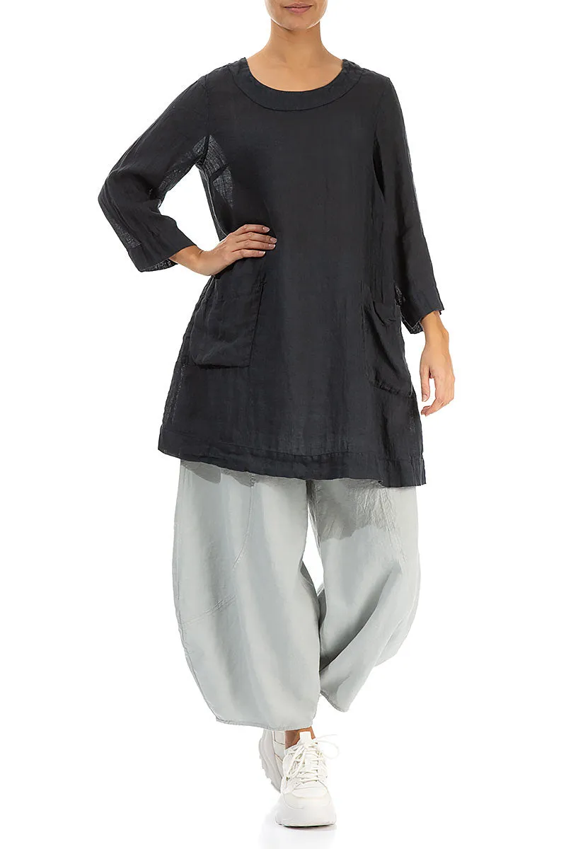 Two Pockets Graphite Gauze Linen Tunic