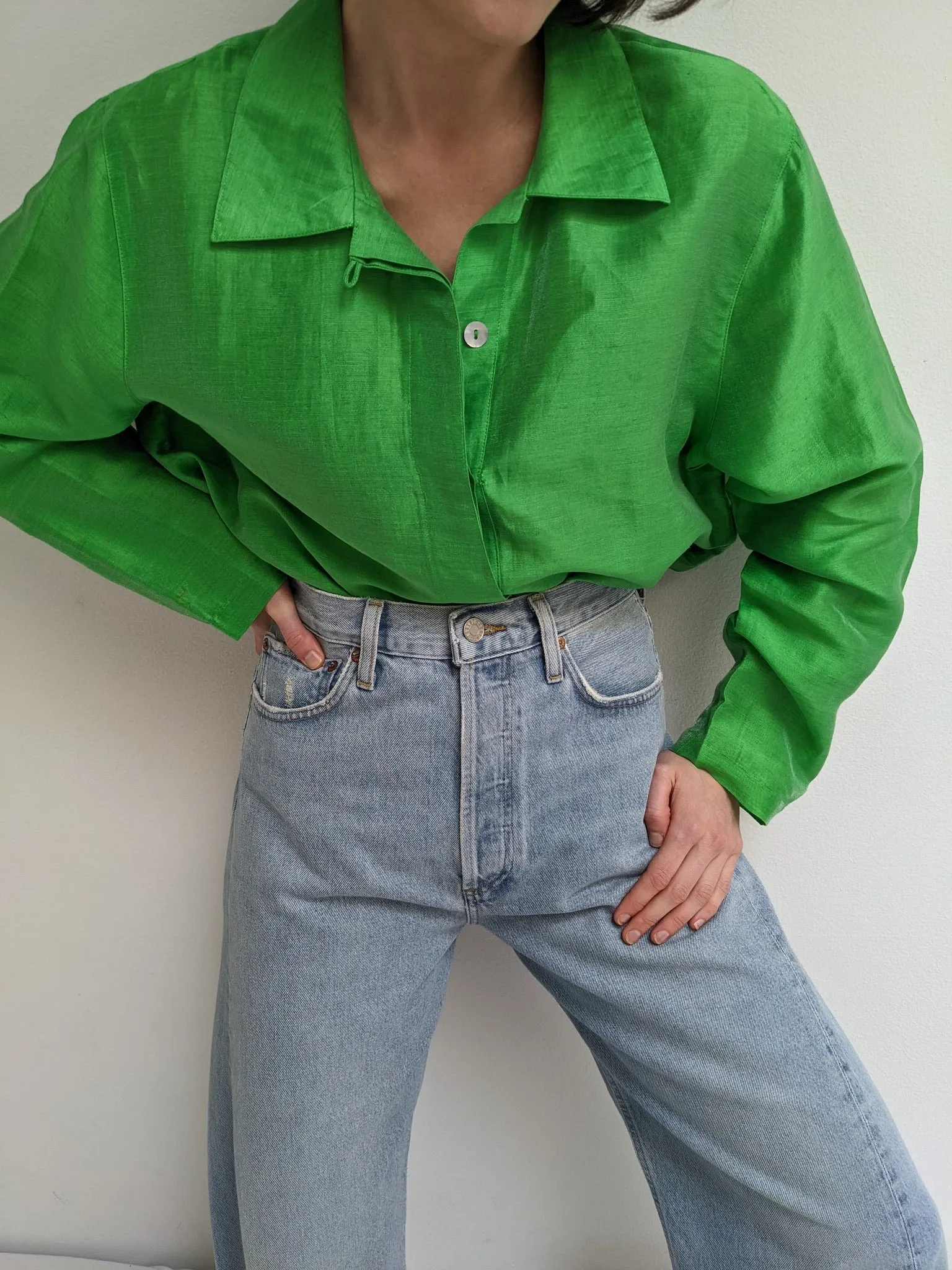 Vintage Bright Green Sheer Henley Tunic