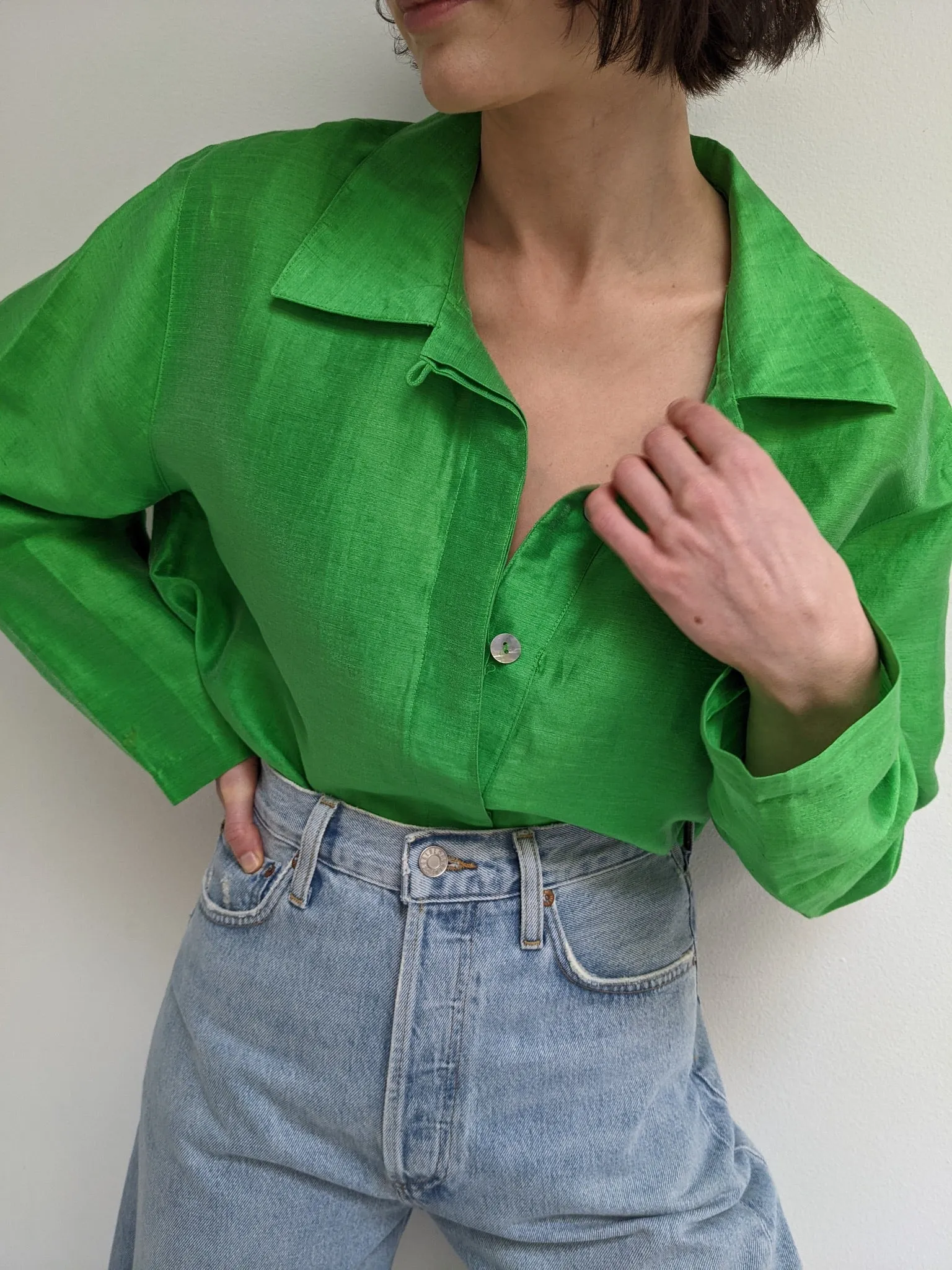 Vintage Bright Green Sheer Henley Tunic