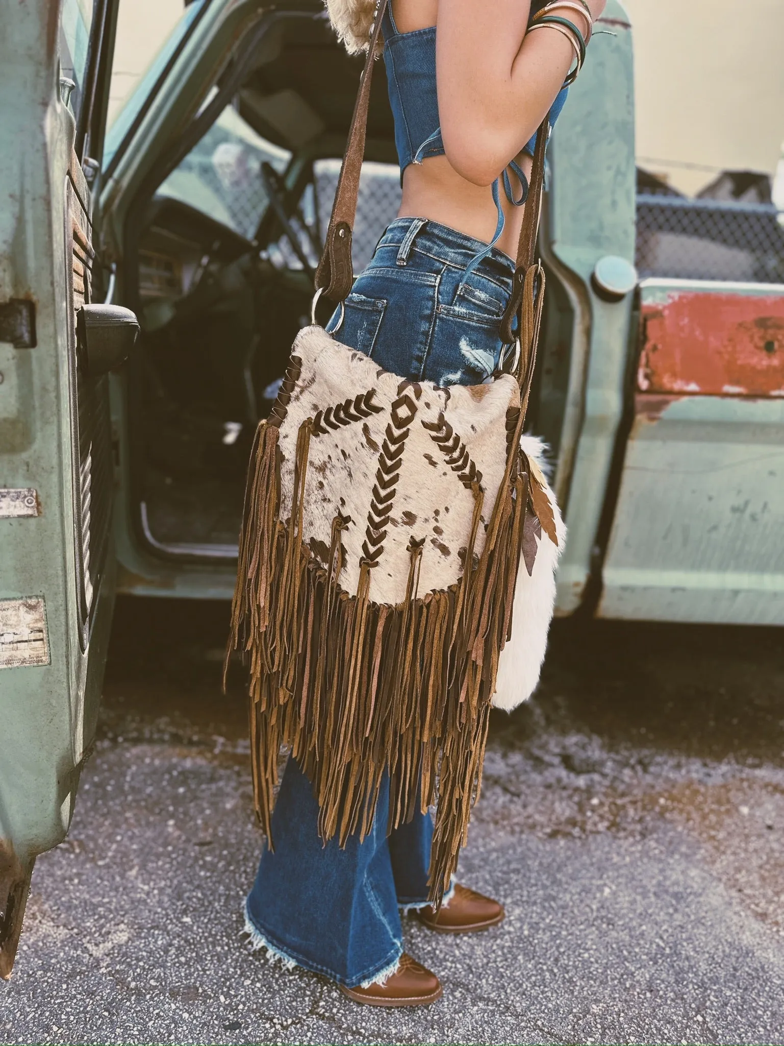 Whiskey Lee Designs Custom Hair On Hide Fringe Large Shoulder &/or Cross Body Bag w/ Never Ending Threads Fox Tail ~ Queen Bee's