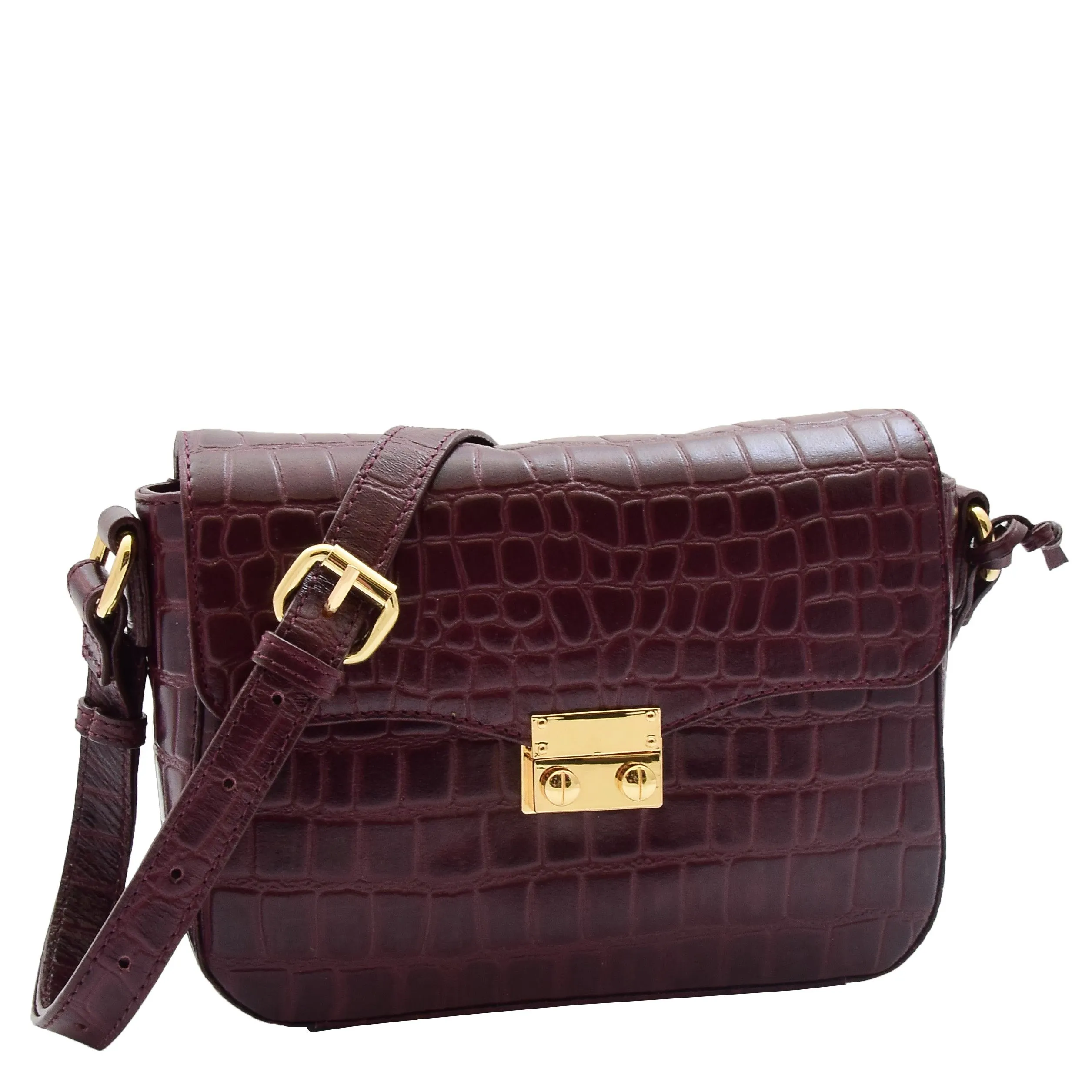 Womens Cross Body Bag Croc Print Handstitched Leather Handbag Maude Bordeaux