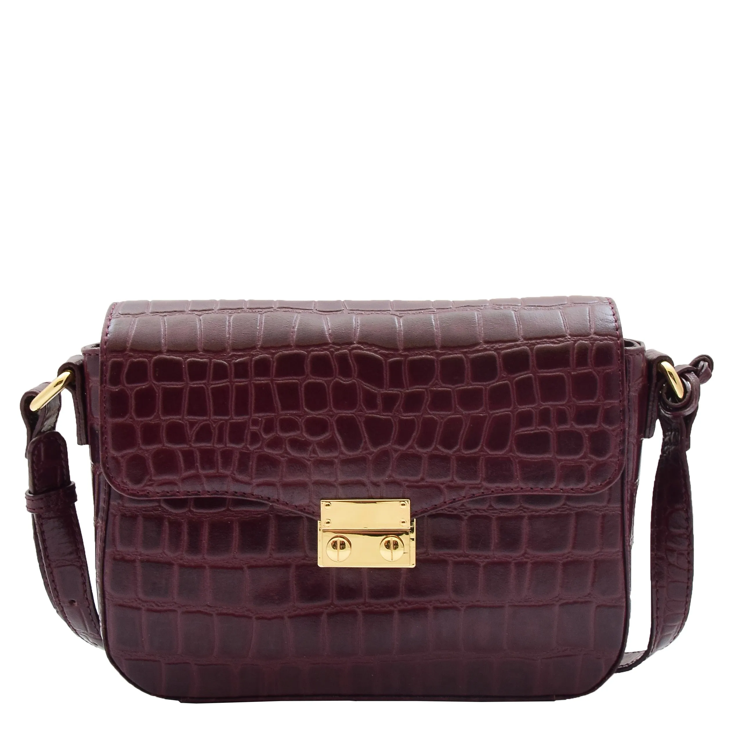 Womens Cross Body Bag Croc Print Handstitched Leather Handbag Maude Bordeaux