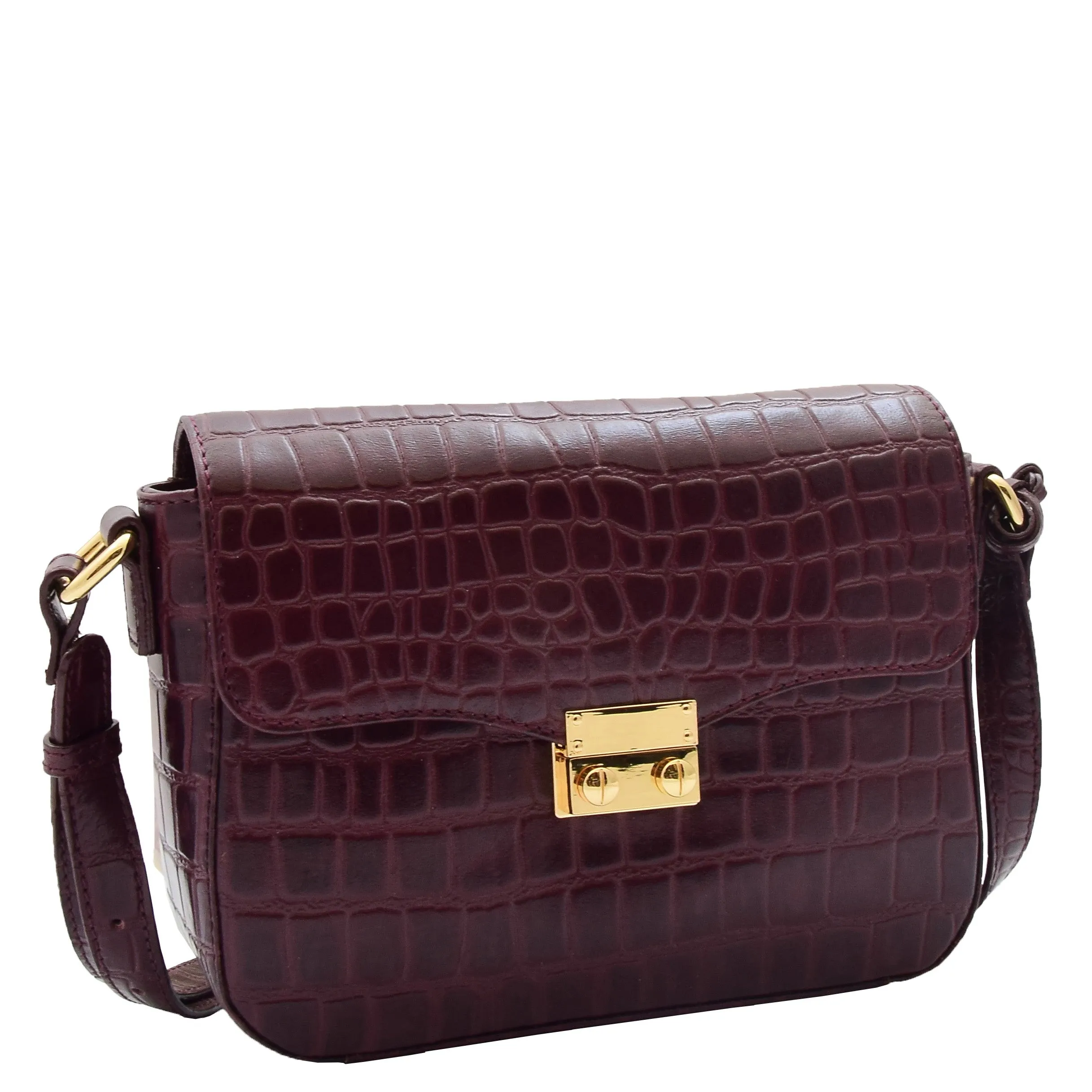 Womens Cross Body Bag Croc Print Handstitched Leather Handbag Maude Bordeaux