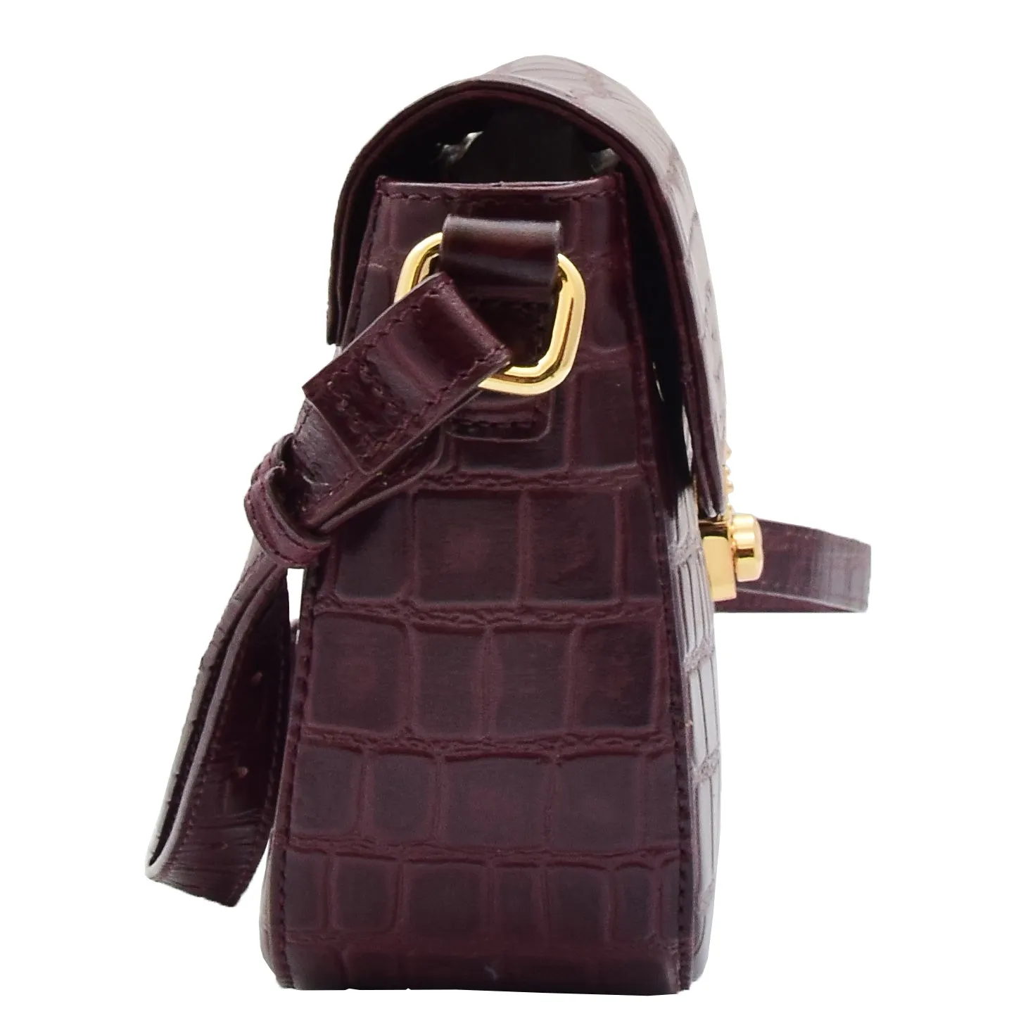 Womens Cross Body Bag Croc Print Handstitched Leather Handbag Maude Bordeaux