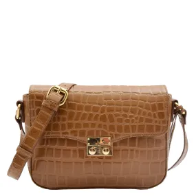 Womens Cross Body Bag Croc Print Handstitched Leather Handbag Maude Tan