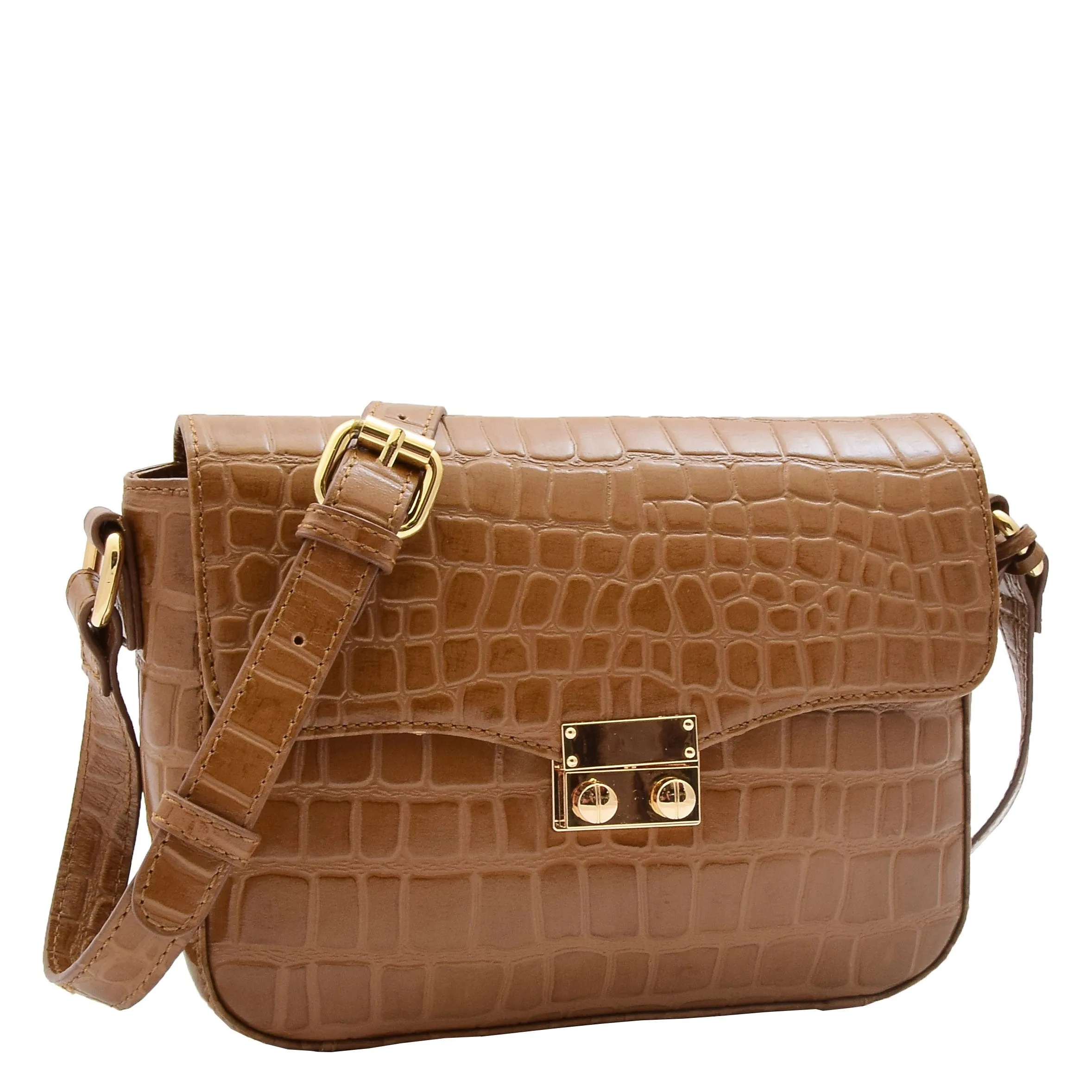 Womens Cross Body Bag Croc Print Handstitched Leather Handbag Maude Tan