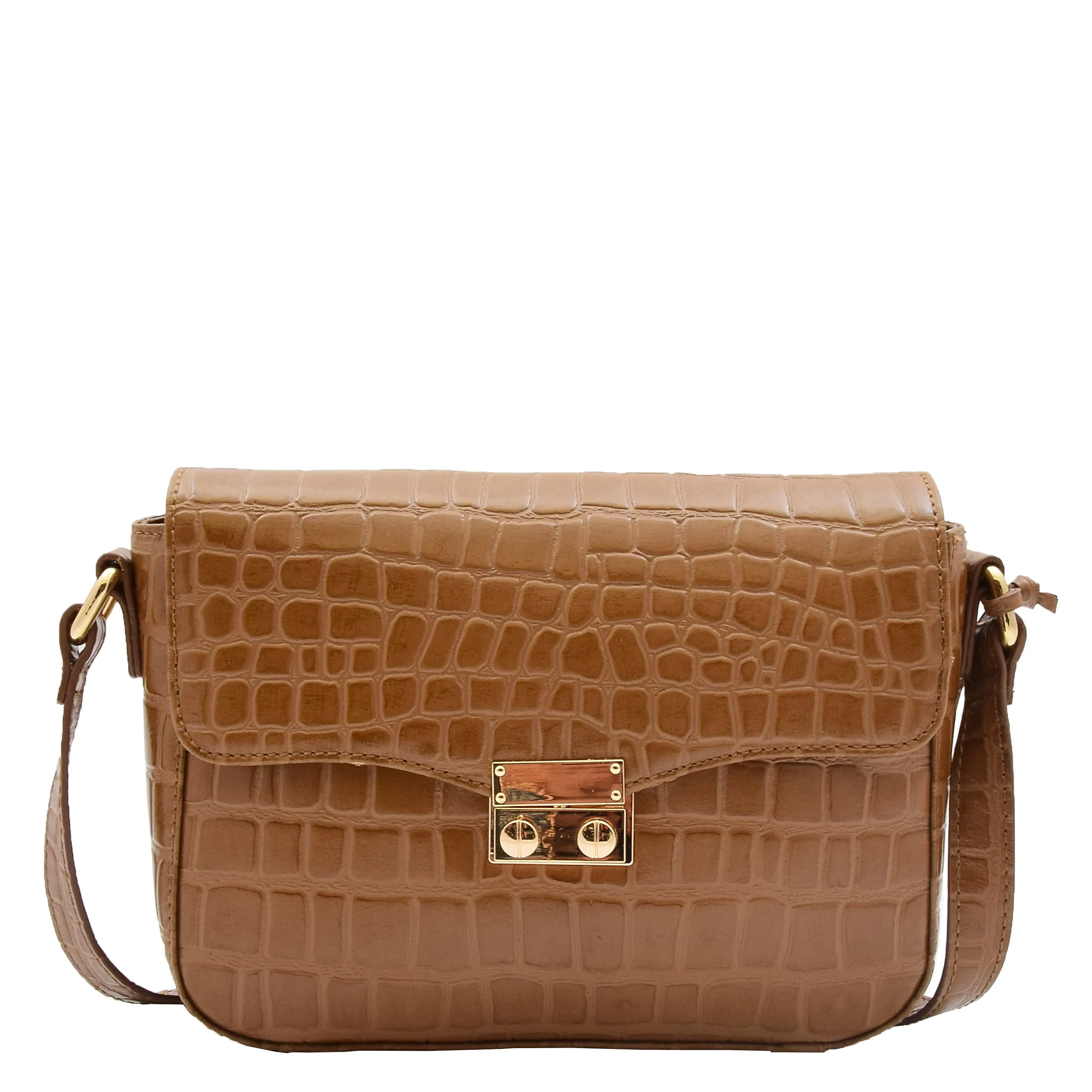 Womens Cross Body Bag Croc Print Handstitched Leather Handbag Maude Tan