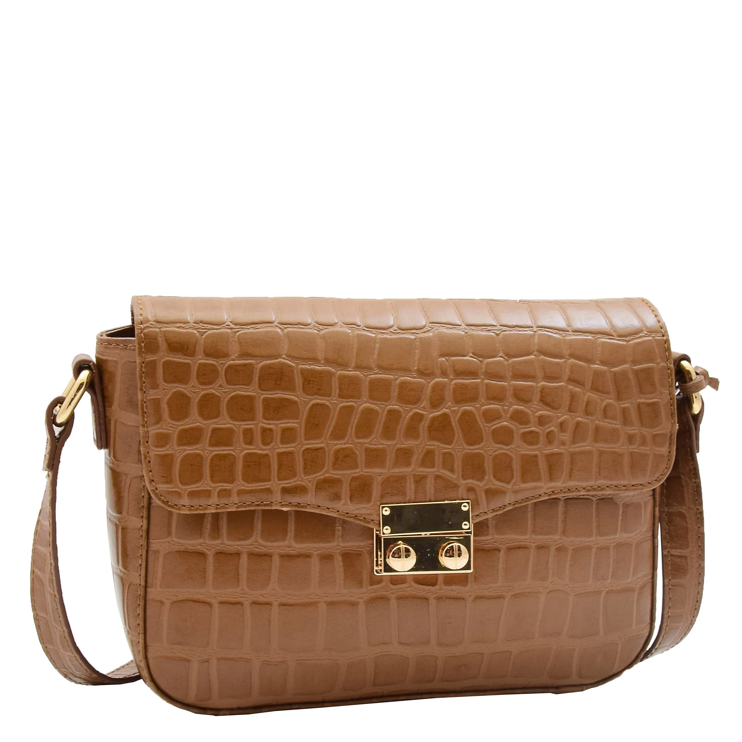 Womens Cross Body Bag Croc Print Handstitched Leather Handbag Maude Tan