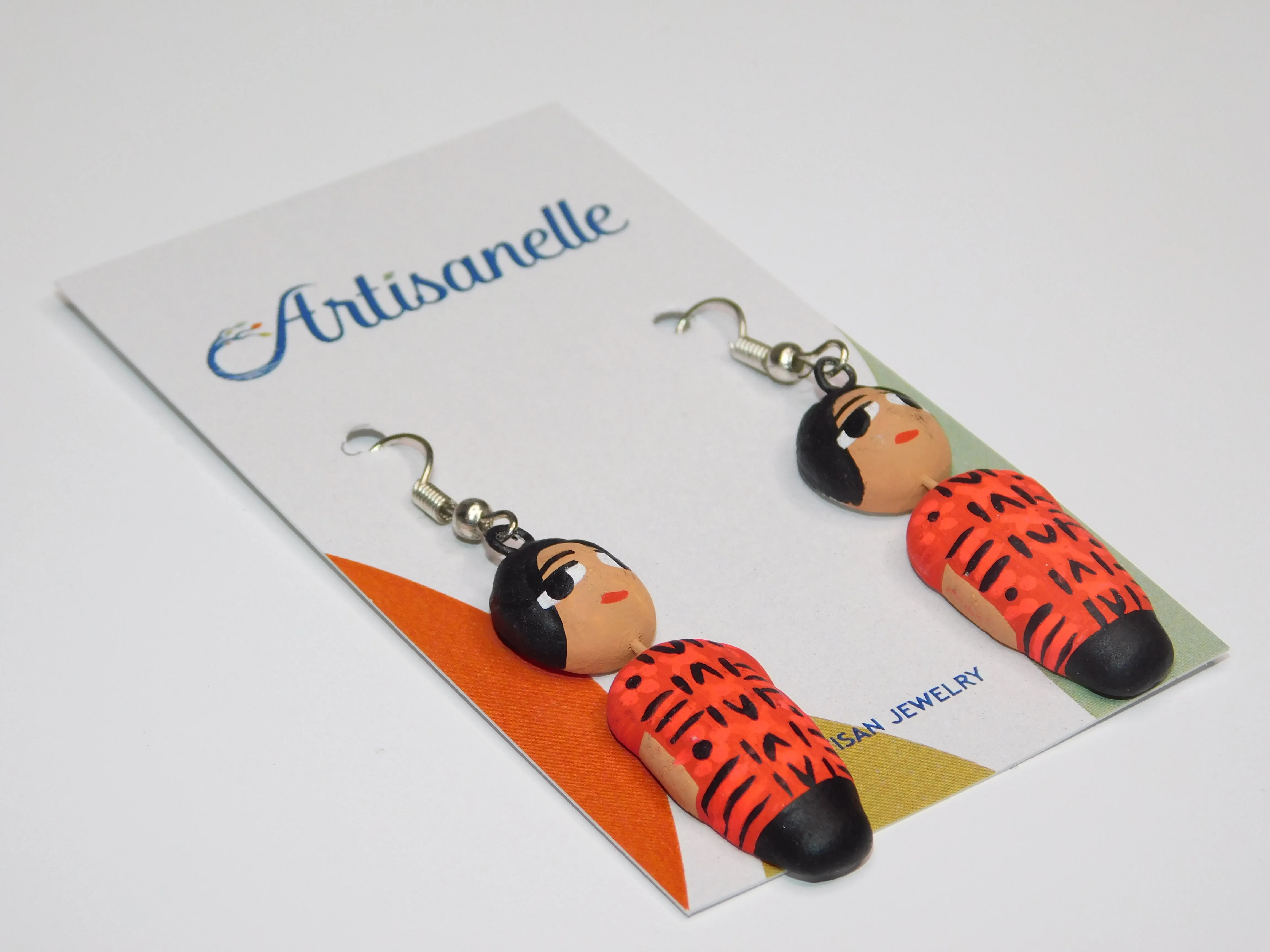 Wooden Hand Painted Mexican Doll Earrings