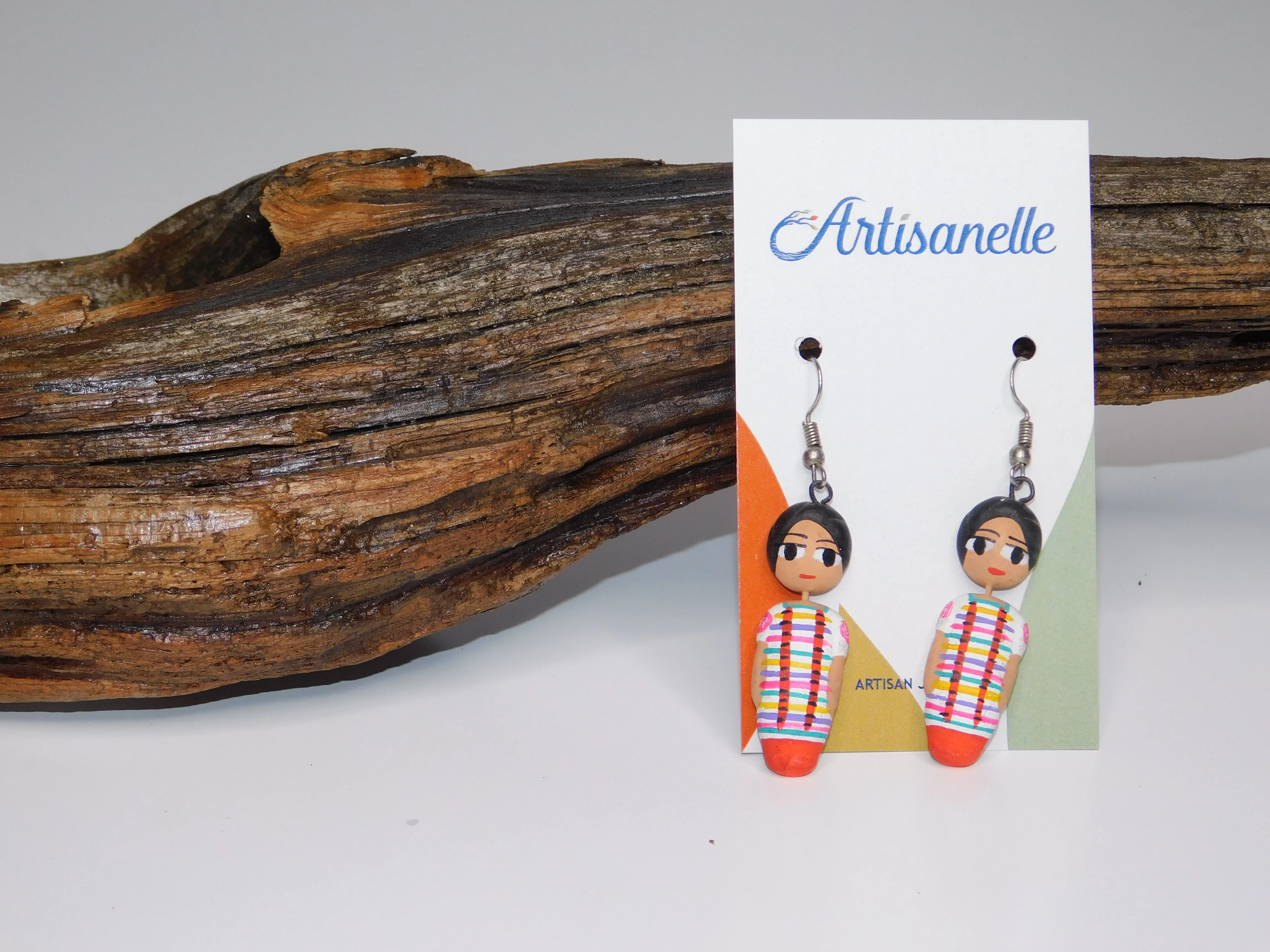 Wooden Hand Painted Mexican Doll Earrings