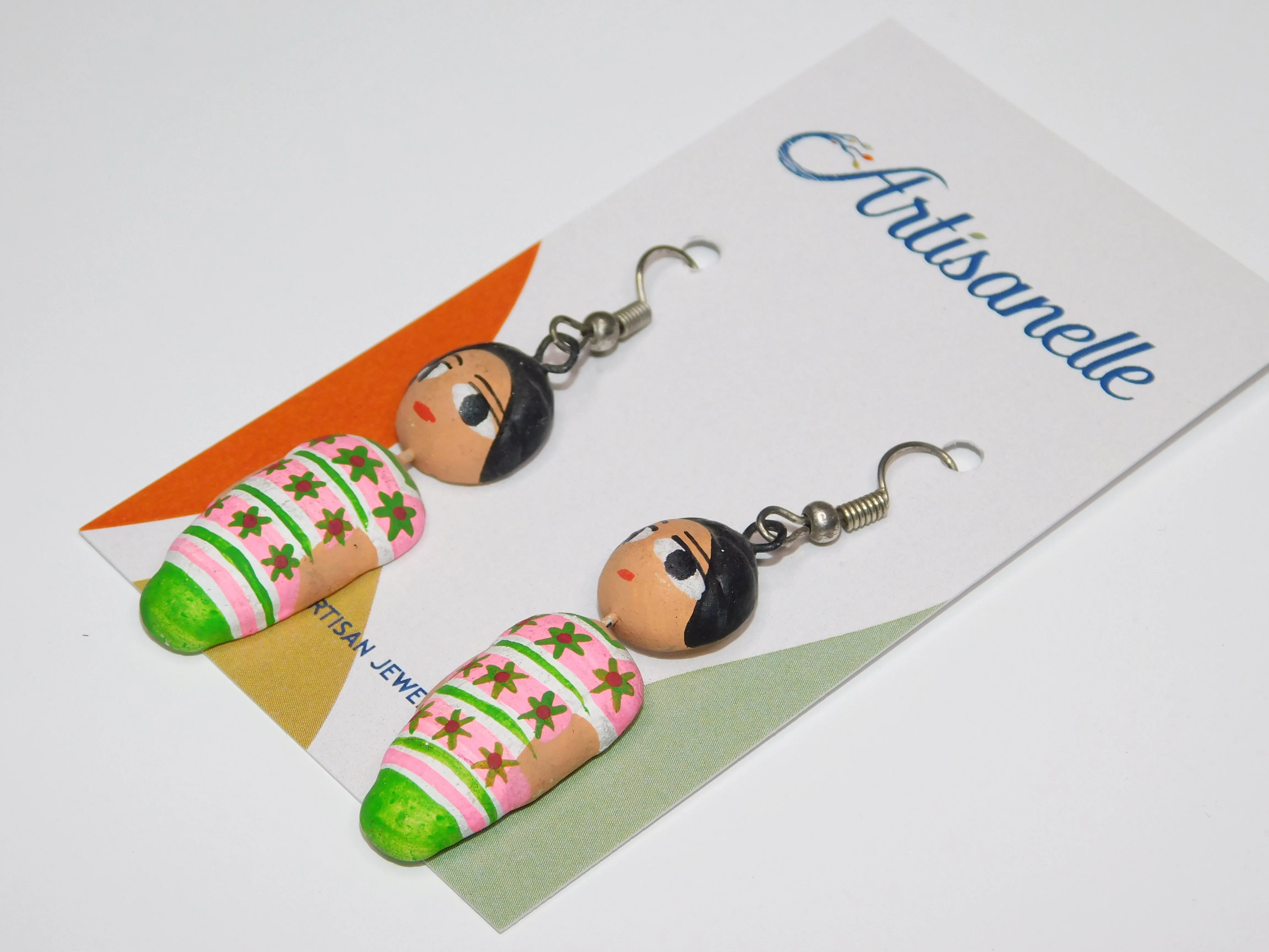 Wooden Hand Painted Mexican Doll Earrings