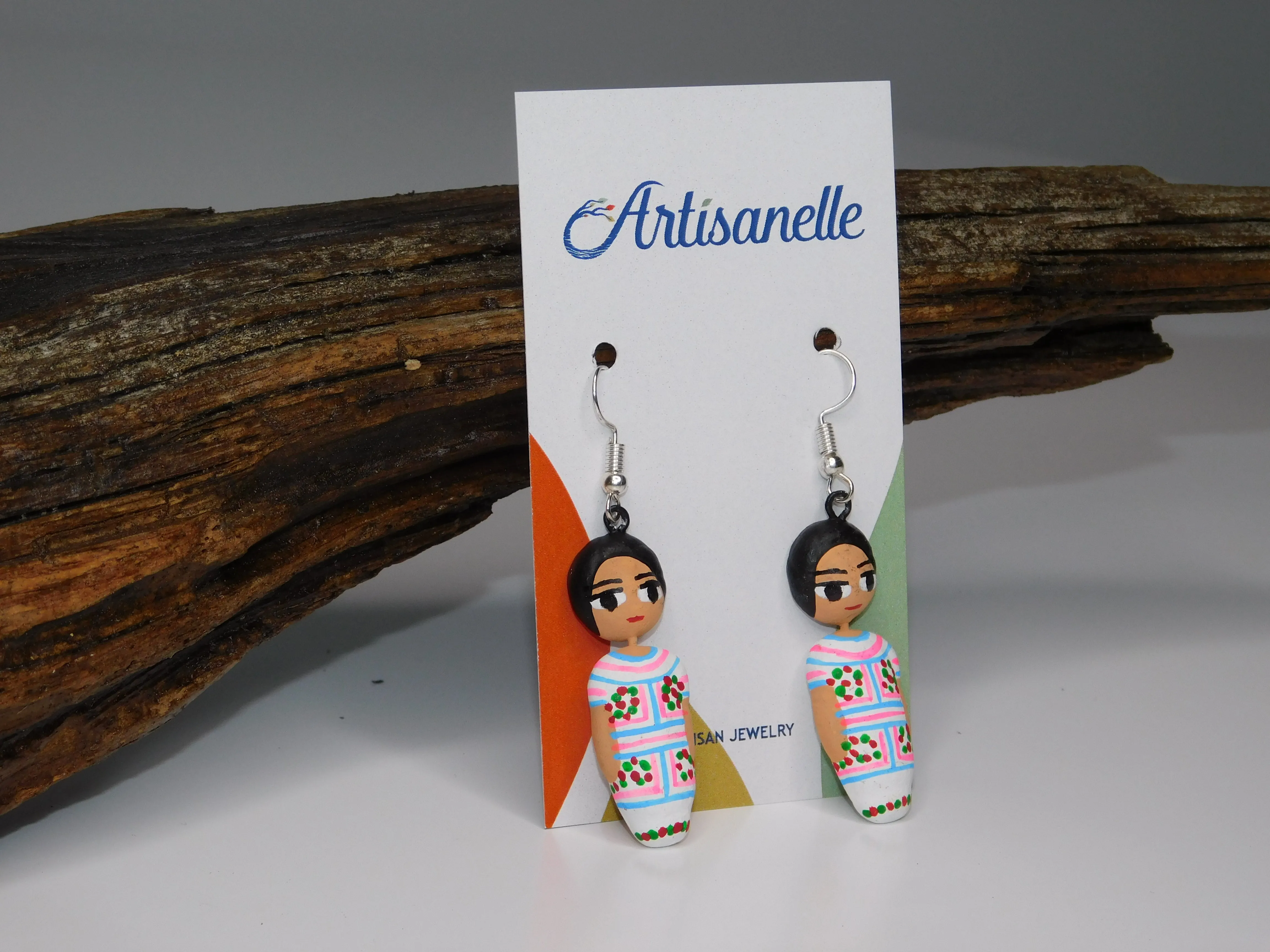 Wooden Hand Painted Mexican Doll Earrings