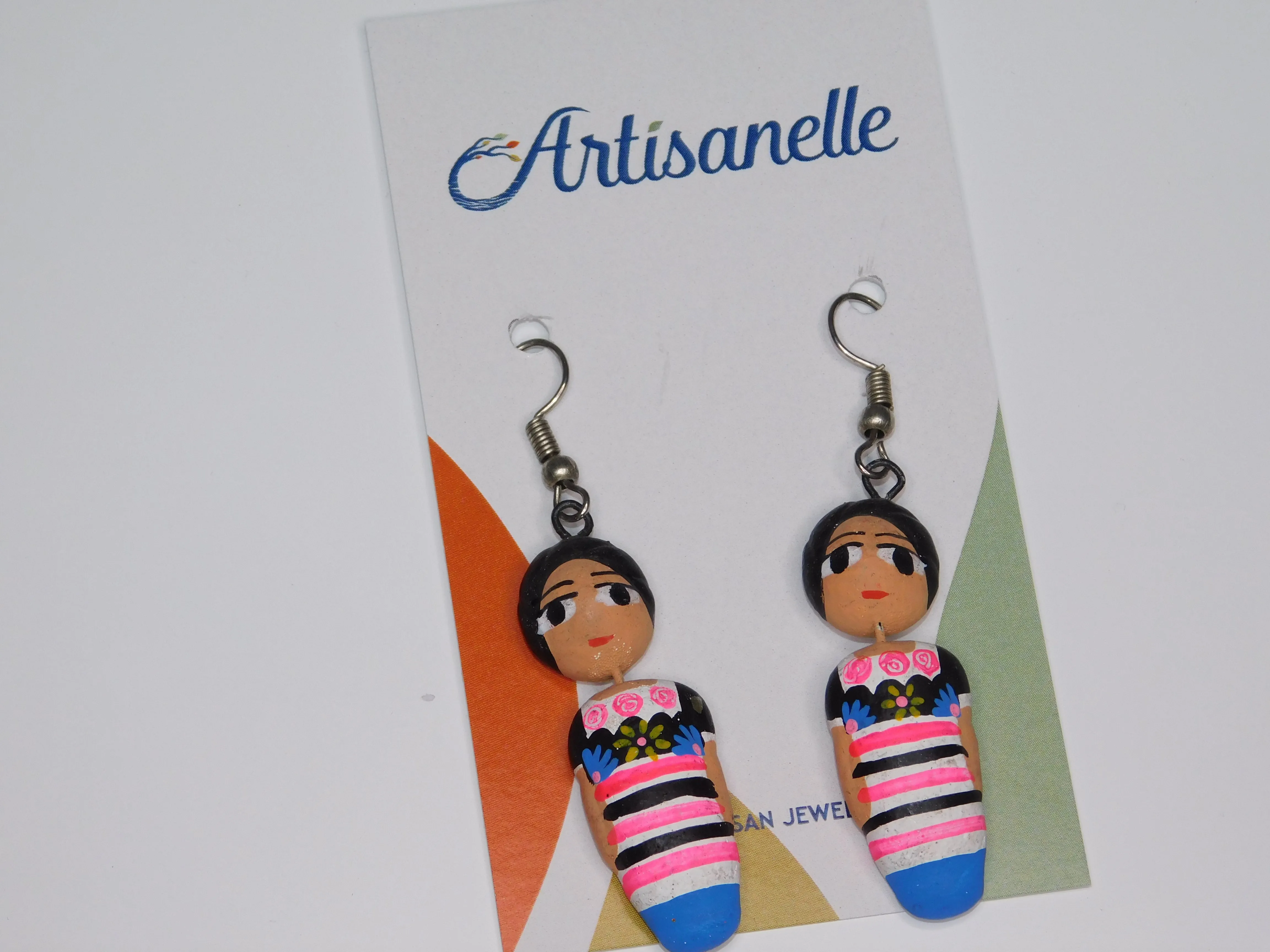 Wooden Hand Painted Mexican Doll Earrings