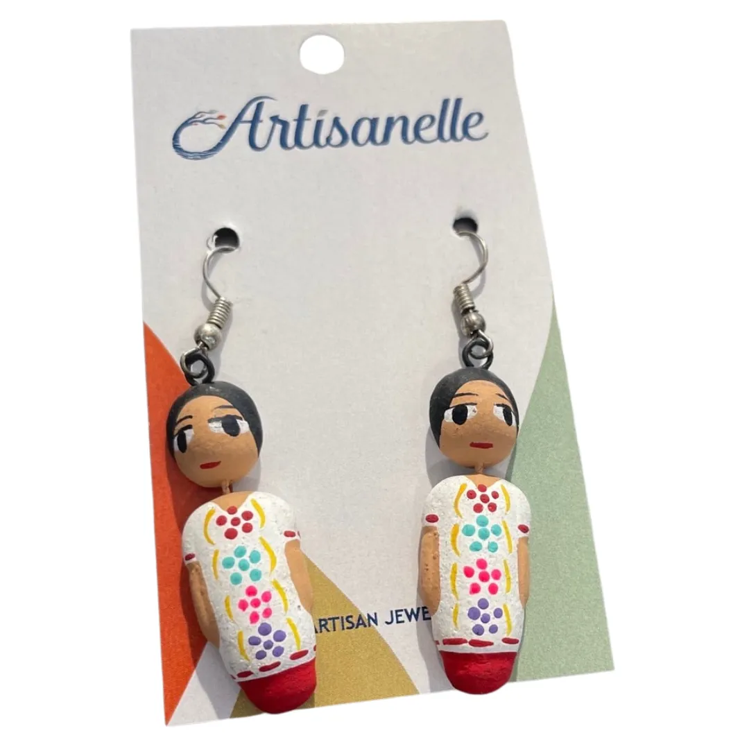 Wooden Hand Painted Mexican Doll Earrings